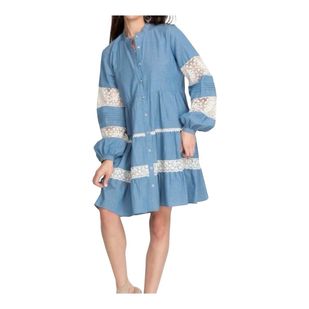 Johnny Was Laguna Pieced Dress Sz S Blue Chambray Tunic Lace Trim Bohemian